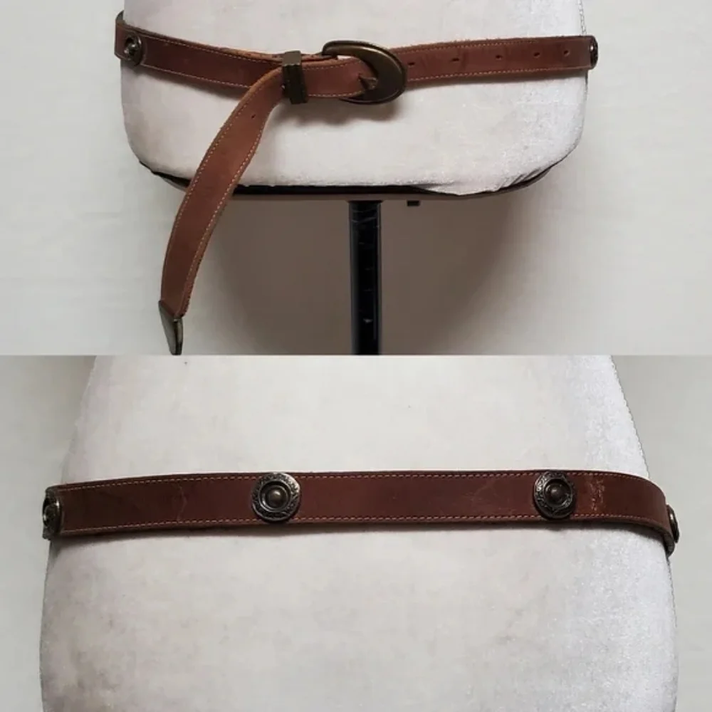 Unisex Vintage Joan & David Brown Leather Copper Stud Pointed Buckle Belt
